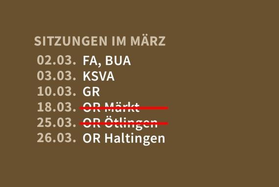 Sitzungen im September: 16.09. OR Märkt 17.09. OR Ötlingen 18.09. OR Haltingen 22.09. FA 23.09. KSVA und BUA 30.09. GR